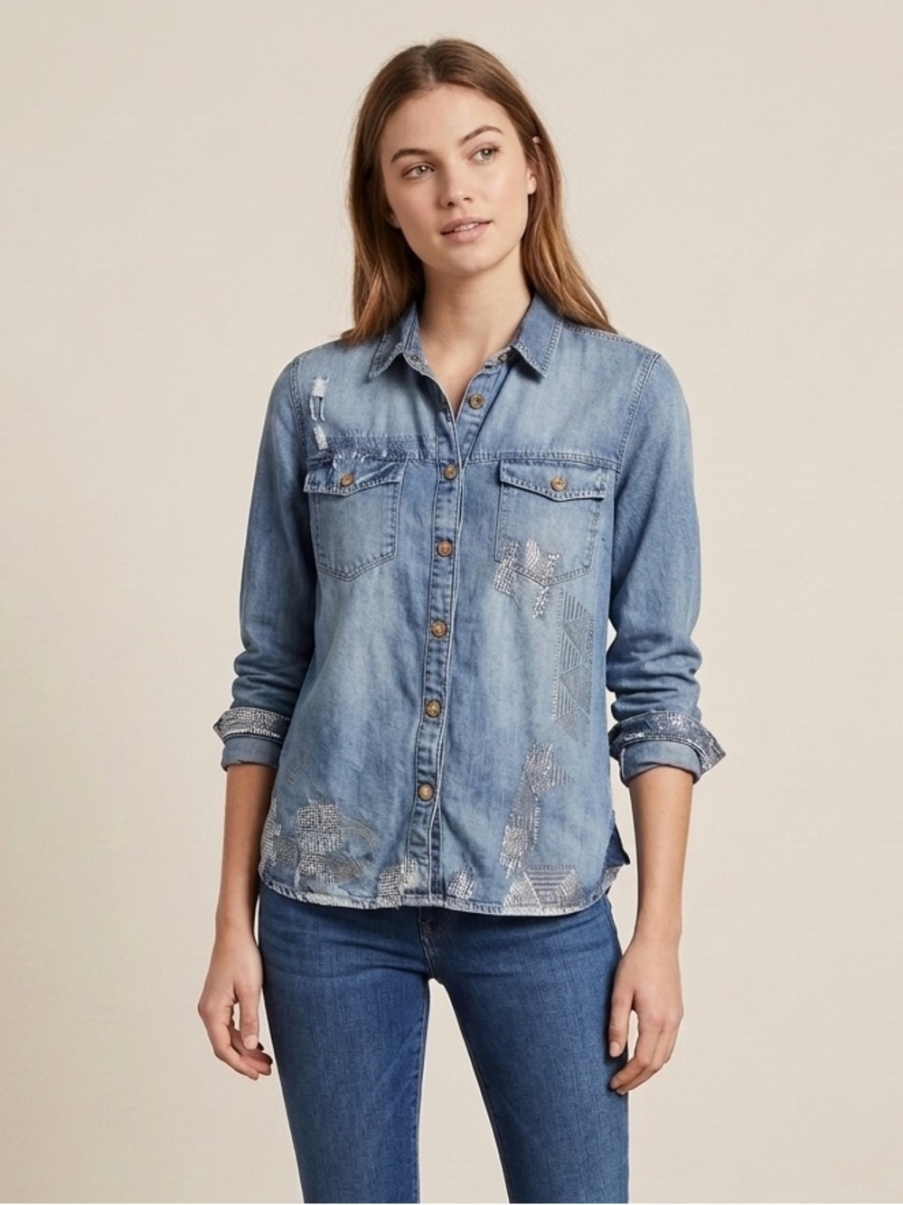 7 for All Mankind Distressed Light Wash Denim Button Down Shirt
